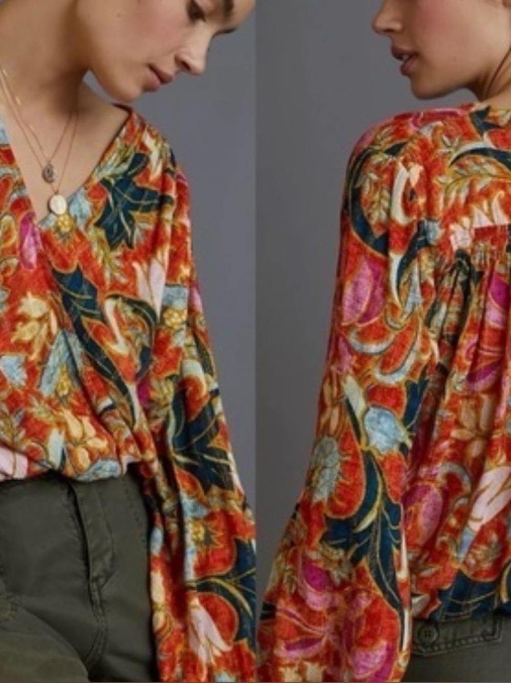 Anthropologie Vibrant Floral V-Neck Blouse - Orange Multi Xs